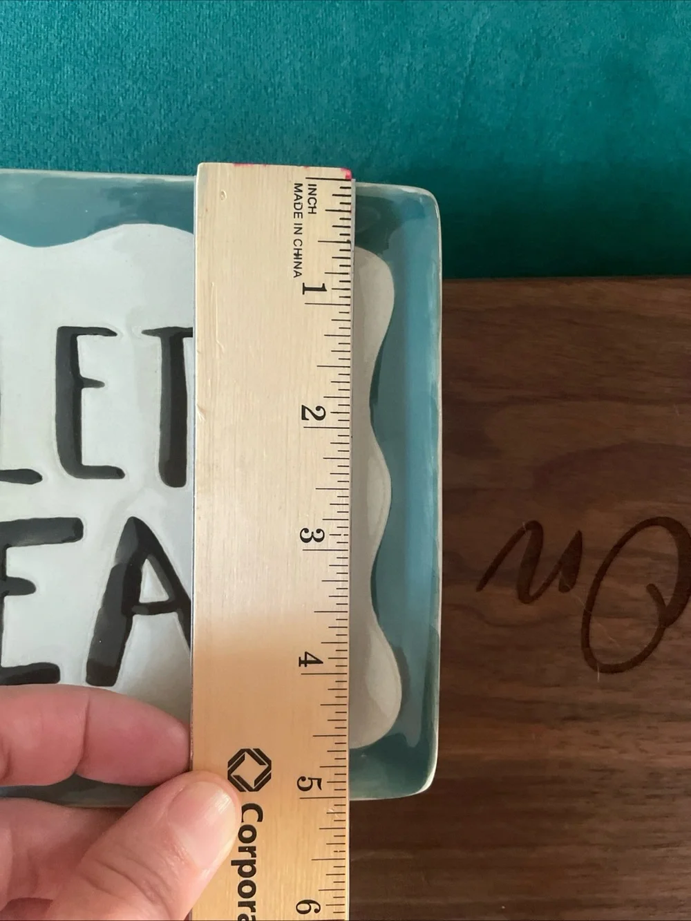 Ceramic 'LET'S EAT' Square Appertizer Dishes in Teal & White